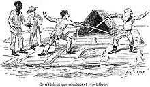 Gravure noir et blanc. Sur le radeau, Jim et Huck observe deux hommes qui se battent en duel avec des épées de bois