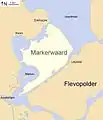 Le Markenwaard tel que prévu en 1974, sa dimension est réduite, un vaste lac de bordure entoure l'île Marken.