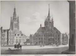 La Grand-Place de Courtrai selon une lithographie de Prosper de la Barrière (1823).
