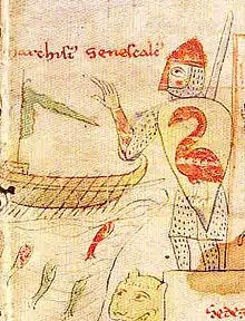 Un soldat revêtu d'une armure complète et coiffé d'un heaume dirige sa main vers la mer où navigue une embarcation portant un pavillon vert pâle