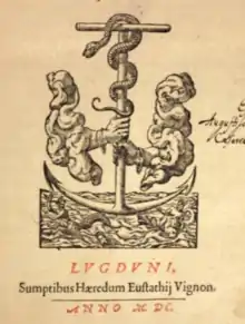 Marque de Crespin, puis de Vignon sur la page de titre de la Polyanthea (Lyon, 1600).