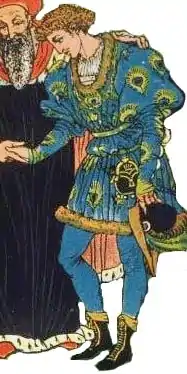 Illustration de Walter Crane montrant le roi qui offre des habits royaux au fils du meunier