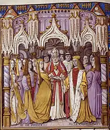 Le mariage de Catherine avec Henri V d'Angleterre. Miniature tirée de la Chronique du religieux de Saint-Denys, contenant le règne de Charles VI de 1380 à 1422 de Jean Chartier, avant 1494.