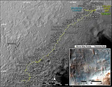Trajet effectué par Curiosity le 28 mai (sol 643), alors qu'il vient d'effectuer son 7e kilomètre.