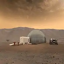 Une conception d'artiste d'un habitat martien, avec un dôme imprimé en 3D fait de glace d'eau, de sas et d'un rover pressurisé sur Mars.