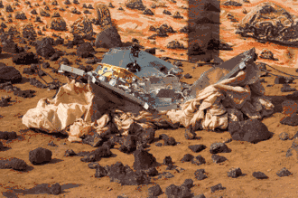 Photo sur Mars du rover au milieu des coussins dégonflés.