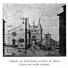 Reproduction de gravure en noir et blanc, montrant un pont médiéval fortifié au départ duquel est placée une chapelle.