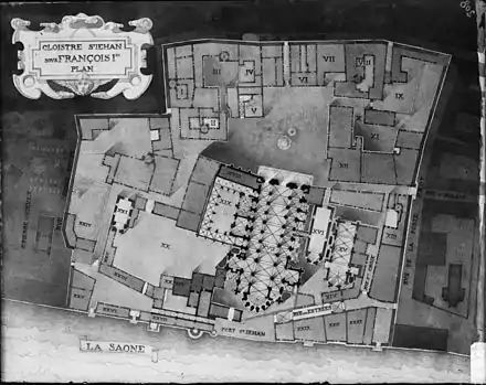 Plan ancien du Vieux Lyon, au bord de la Saône (située dans la partie basse), détaillant l'architecture des bâtiments. Une cathédrale est située au centre du plan.