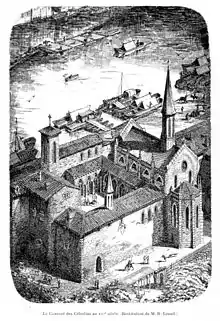 Gravure en noir et blanc montrant un monastère, bordé au second plan par la Saône couverte de barques.