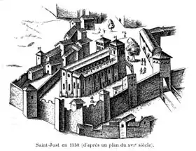 Gravure en noir et blanc montrant une église et divers bâtiments la jouxtant enclos dans une muraille.