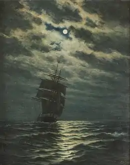 Tableau d'un navire voguant éclairé par la lune entre les nuages.