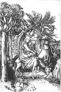 Gravure représentant un homme et une femme tenant un bébé dans les bras au milieu d'un paysage arboré.