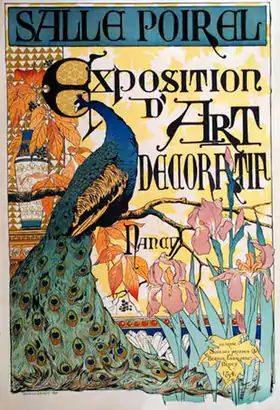 Affiche de l'Exposition d'art décoratif lorrain de 1894 aux galeries Poirel de Nancy. Utilisation du thème du paon récurrente dans l'Art nouveau.