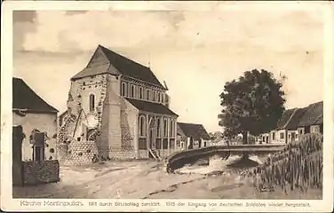 Carte postale allemande de 1915 : le clocher a été détruit lors des bombardements de septembre 1914. Le reste du village est intact.