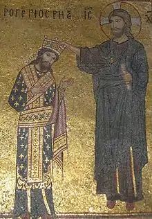 Mosaïque représentant un homme couronné béni par un homme portant une auréole