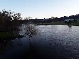 La Semois en crue à Martué, avec Florenville à l'horizon. (Photo prise du pont de Martué)