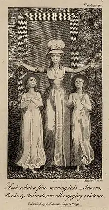 Frontispice des Original Stories, avec l'institutrice levant les bras pour former une croix. Elle a une fillette de chaque côté, et chacune la contemple.