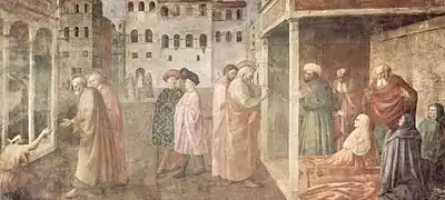 VI=La guérison des infirmes et la résurrection de Tabita, Masolino + Masaccio
