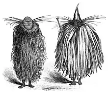 Dessin représentant deux hommes dont le corps est entièrement vêtu de végétaux, et portant des masques. L'un des deux tient un bâton.