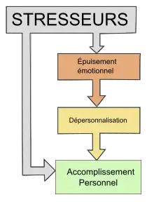 On peut passer des stresseurs à l’accomplissement personnel directement ou via l’épuisement émotionnel puis la dépersonnalisation