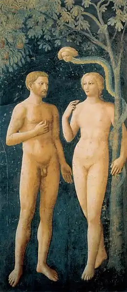 Adam et Eve nus devant un arbre avec un serpent