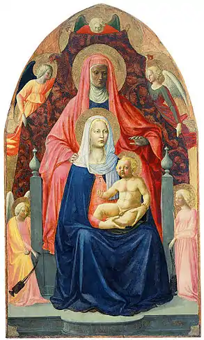 Peinture représentant une femme debout, une femme assise et un bébé, les uns situés derrière les autres.