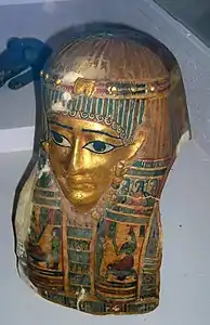 Masque funéraire, cartonnage peint, époque ptolémaïque.