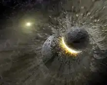 Vue d'artiste d'une collision entre une planète et un corps plus petit.