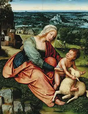Peinture représentant une femme, un enfant et un agneau dans la même attitude que Marie, Jésus et l'agneau du tableau du Louvre.