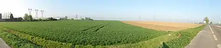 Panorama montrant un champ à Mastaing. C'est dans celui-ci que la Compagnie des mines d'Aniche a entrepris sans succès la fosse de Mastaing de 1835 à 1838. Une route est visible sur la droite du panorama.