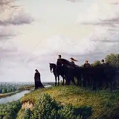 sur une colline herbue surplombant une rivière et, au fond, une grande ville, un homme debout enveloppé de noir, devant un groupe de quatre personnes également en noir sur des chevaux, comme fondus les uns dans les autres.