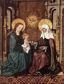 Miniature représentant deux femmes côte à côte avec un bébé assis sur les genoux de l'une et se tournant vers l'autre.