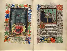 Double page d'un livre d'heures comportant deux enluminures : celle de gauche avec des êtres monstrueux la gueule ouverte ; celle de gauche avec des personnes dans un intérieur.