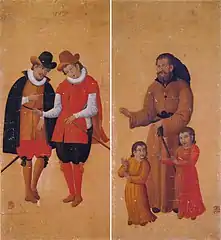 Deux tableaux de Nabukata : Deux guerriers (à gauche). Maître et deux enfants (à droite).