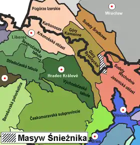 Carte de localisation des monts Śnieżnik (hachuré).