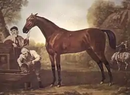 Peinture représentant un cheval bai tenu en main par un homme, un autre remplissant sa mangeoire.