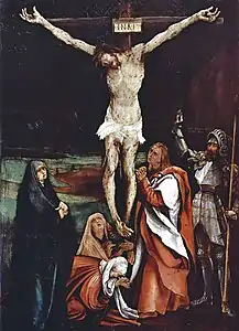 Longin dans La Crucifixion de Matthias Gothart Grünewald, vers 1515, techniques mixtes sur tilleul, Kunstmuseum de Bâle (Suisse).