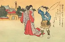 Peinture japonaise représentant un pêcheur habillé de bleu et une geisha drapée de rouge.