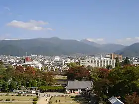 Photographie d'une ville vue de dessus, avec des montagnes à l'horizon.