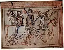 Enluminure montrant cinq cavaliers avançant vers la droite. Deux trompettistes se trouvent devant le roi.