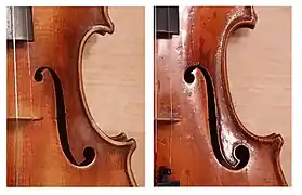 Comparaison détaillée des trous F d'un violon de la manufacture saxonne vers 1920 (à gauche) avec ceux d'un violon de Mathias Heinicke de 1921 (à droite)