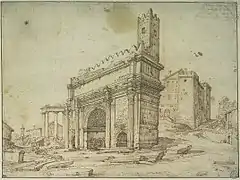 L'arc de Sévère, flanqué d'une tour médiévale - Matthijs Bril, vers 1580.