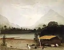 Peinture de William Fox représentant une scène de février 1846 lors d'une expédition avec Heaphy et Thomas Brunner. Heaphy et Brunner sont à l'avant de la cabane.