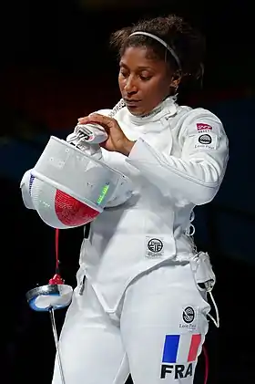 La Française Maureen Nisima aux championnats du monde d'escrime 2015 le 18 juillet 2015 au Stade olympique de Moscou.