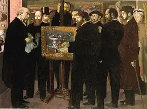 Tableau représentant un groupe d'artistes autour d'un tableau.