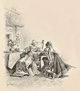 D'Artagnan à genoux devant Milady de Winter. Gravure de Jules Huyot d'après un dessin de Maurice Leloir, 1894.