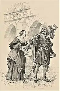 Porthos marivaude avec madame Coquenard, épouse (et future héritière) d'un riche procureur. Gravure de Huyot d'après un dessin de Leloir, 1894.