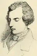 Gravure noir et blanc du buste d'un jeune homme qui ferme les yeux. Le haut de ses vêtements trahit la mode de la première partie du XIXe siècle.