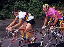 Photographie de coureurs cyclistes, l'un vêtu d'un maillot blanc, le second porteur d'un maillot rose