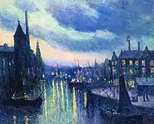 Peinture en couleurs représentant un port à la tombée de la nuit, des navires placés à quai